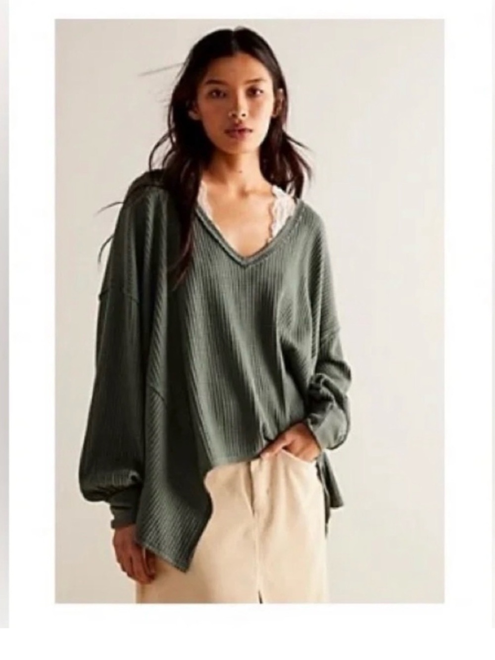 We The Free Ribbed Deep V Sweater in Olive